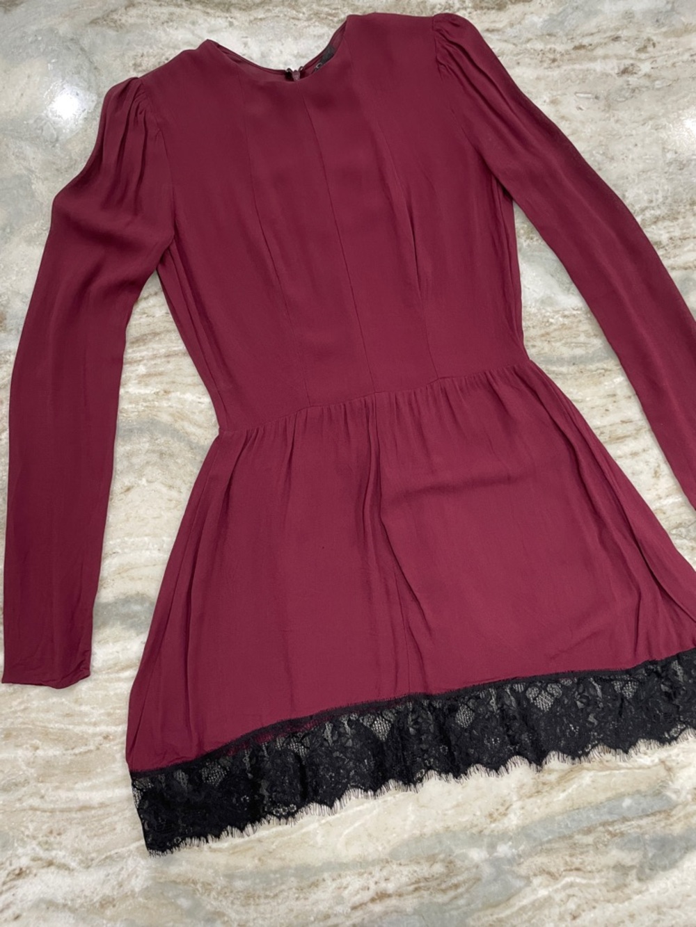 Reformation Wine Red Long-Sleeve Dress with Black Lace Hem Romantic feel XS